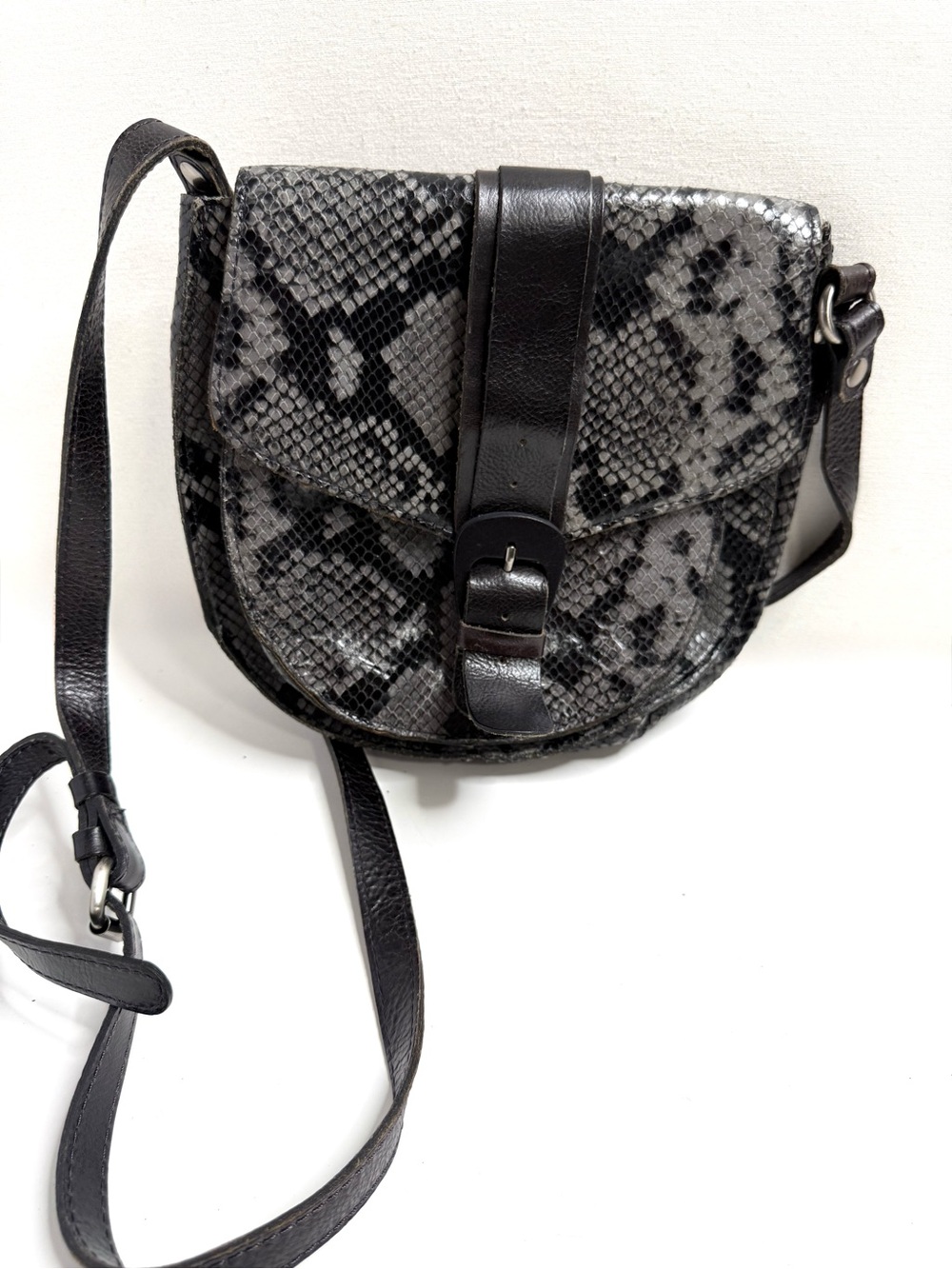Patricia Nash Black and Gray Snakeskin Leather Crossbody Saddle Bag